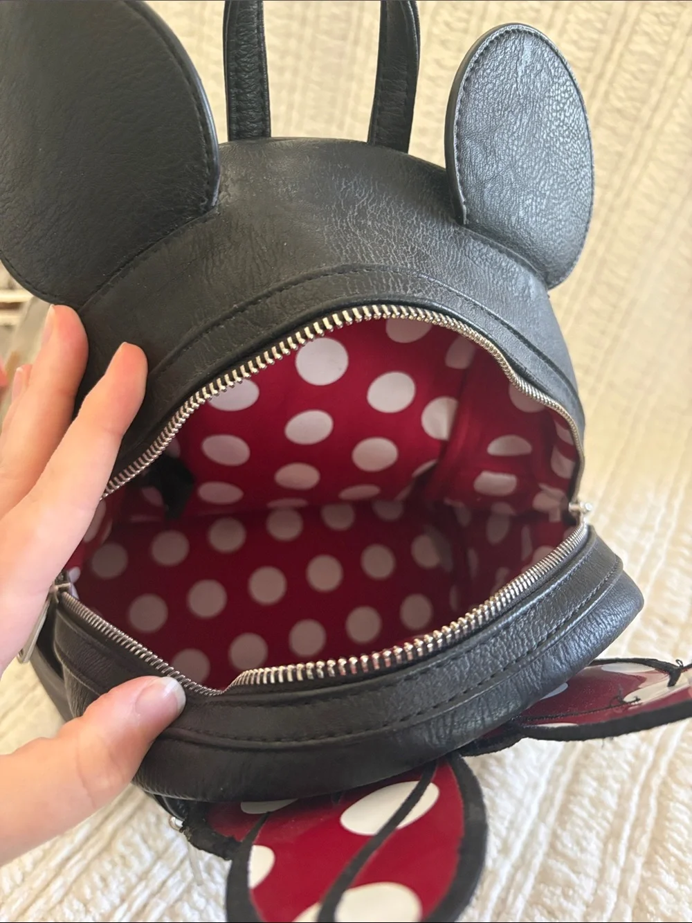 Loungefly Minnie Mouse Black Mini Backpack with Red Polka Dot Bow Ears